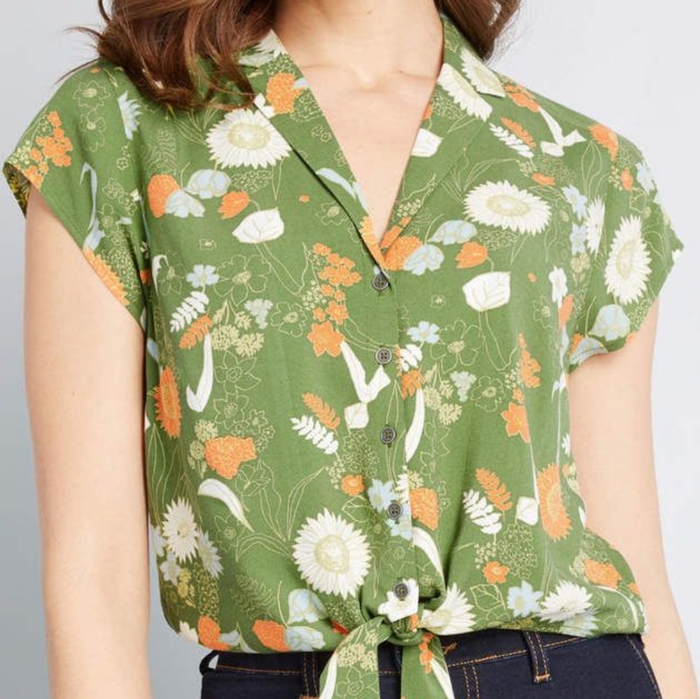 Modcloth Retro Green Floral Blouse Top - Size Medium